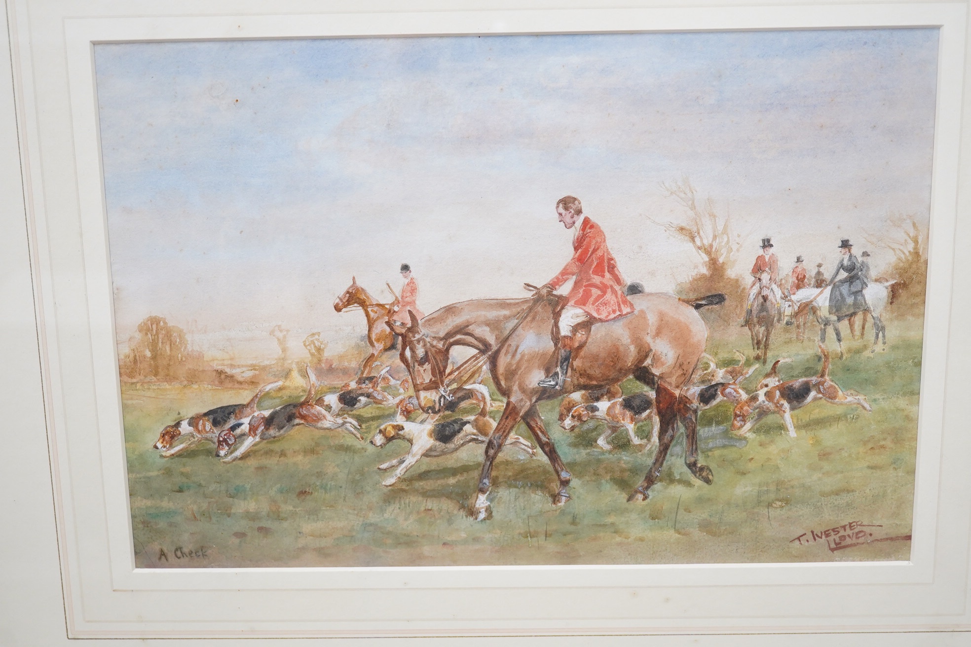 Thomas Ivester Lloyd (1873-1942), set of three watercolours, Hunting scenes with huntsmen on horseback with hounds, each is signed, 22 x 32cm. Condition - fair